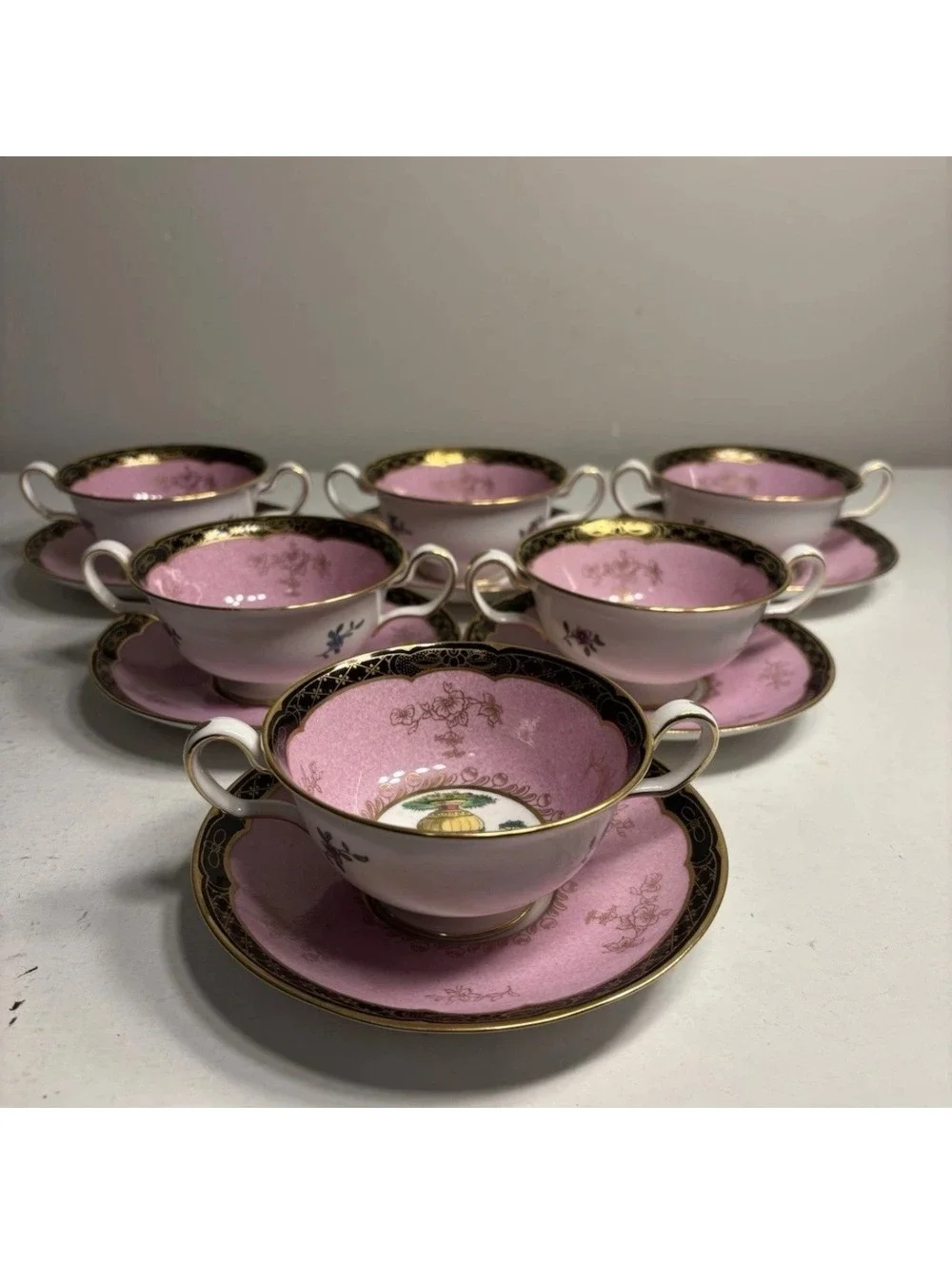 Copeland Spode Bone China Pink Gold Trim Cream Soup Bowl & Saucer set of 6